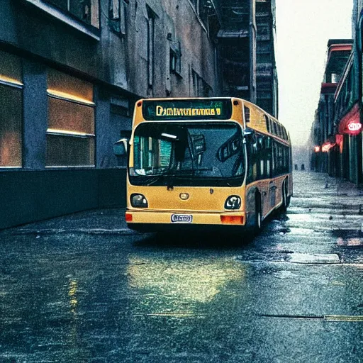 Prompt: 1990s perfect 8K HD professional cinematic photo of a bus in dystopian alleyway, at evening during rain, at instagram, Behance, Adobe Lightroom, with instagram filters, depth of field, taken with polaroid kodak portra