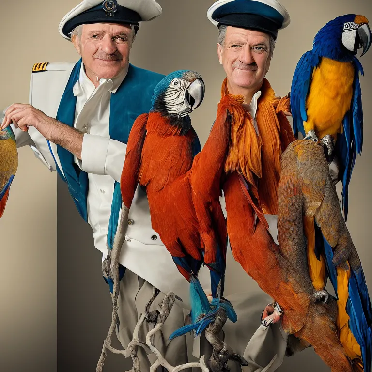 Image similar to high fashion photoshoot octane render portrait by wayne barlow and carlo crivelli and glenn fabry, a distinguished sea captain wearing a colorful eccentric velvet pastel vintage uniform and holding a macaw while standing on a beautiful high - end white and wood yacht, very short depth of field, bokeh