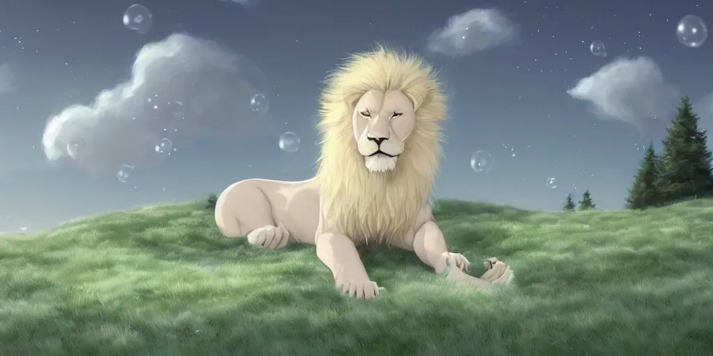 Prompt: aesthetic portrait commission of a albino male furry anthro lion lying on a perfect empty green grassy hill similar to windows xp wallpaper with bubbles surrounding him while wearing a cute mint colored cozy soft pastel winter outfit with pearls on it, winter Atmosphere. Character design by charlie bowater, ross tran, artgerm, and makoto shinkai, detailed, inked, western comic book art, award winning painting