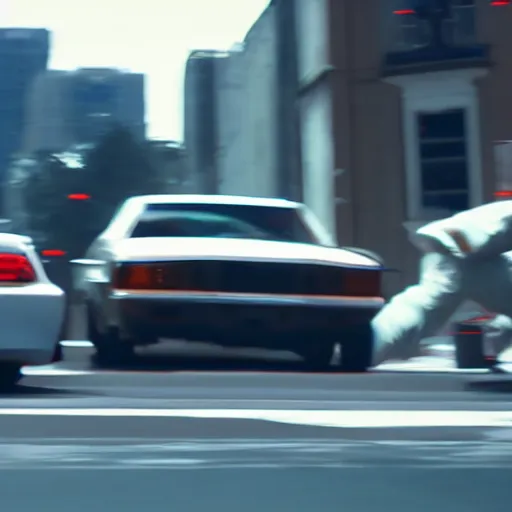 Prompt: film still of futuristic movie. Car chase action scene. Sigma 85mm f/1.2