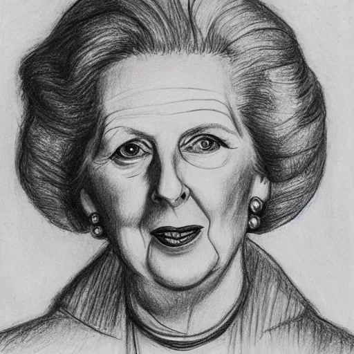 Image similar to a detailed drawing of margaret thatcher in the style of leonardo davinci, sketch, pencil drawing, anatomically correct