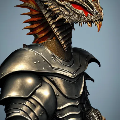 Image similar to highly detailed realistic stunning close up shot of a beautiful anthropomorphic female knight but as a dragon, doing a hot majestic pose, well designed female dragon head, armor made of steel, sharp claws, HD octane render, epic cinematography, fantasy, Artstation, Deviantart, Furaffinity