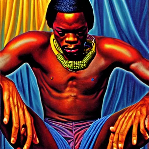 Image similar to fela kuti by clyde caldwell, very detailed, low contrast dramatic colors, 4 k