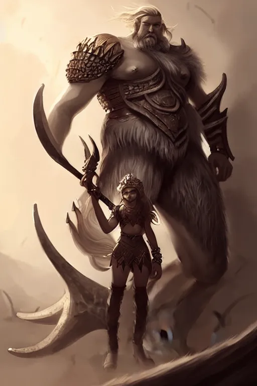 Image similar to a small triton girl wearing scale armor riding on a the shoulders of a large male goliath wearing fur and leather armor, dnd concept art, painting by ross tran and WLOP