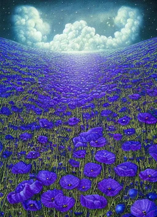 Image similar to detailed, intricate blue black and purple papaverum flower on the field, nebula, galaxy in the sky, winning award masterpiece, fantastically beautiful, illustration, aestheticly inspired, jacek yerka, upscale with anguissola sofonisba work, artstation, 8 k