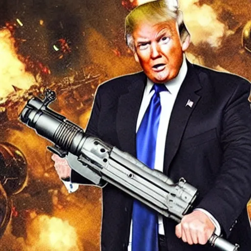 Image similar to Donald Trump holding the death machine minigun from call of duty