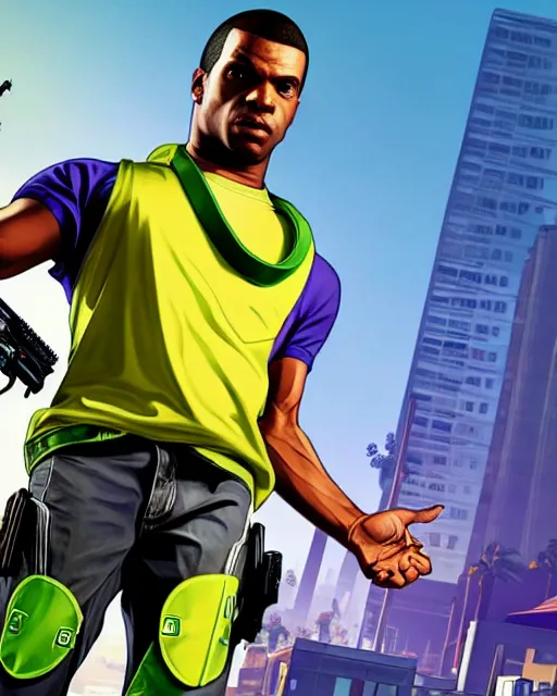 Image similar to gta 5, grand theft auto 5 cover art of lucio from overwatch