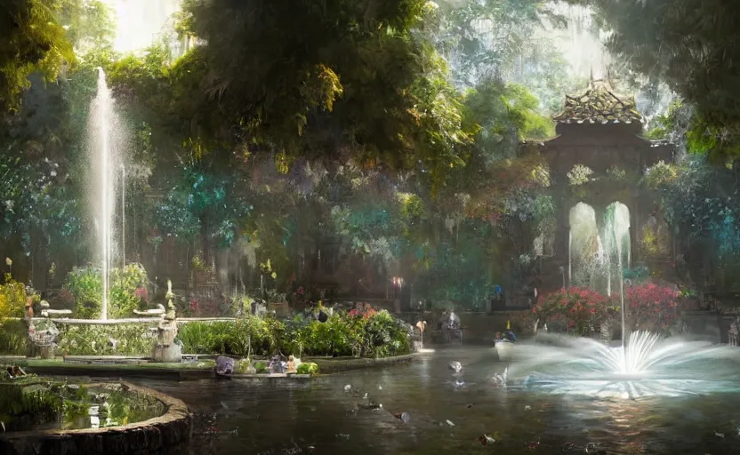 Image similar to Beautiful eden garden, next to a fountain and a mystical palace, intricate, elegant, volumetric lighting, digital painting, highly detailed, artstation, sharp focus, illustration, concept art, ruan jia, steve mccurry