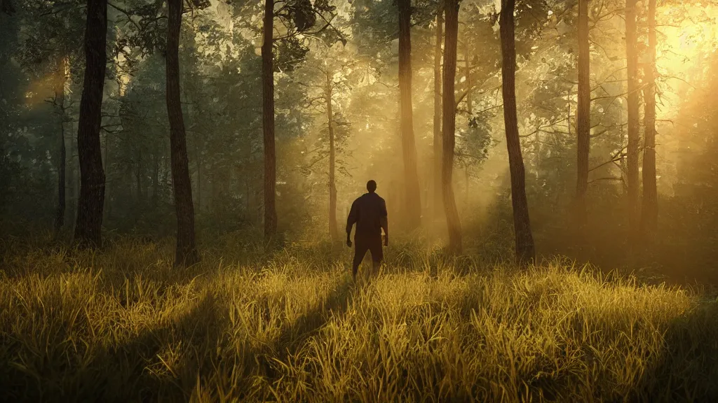 Prompt: beautiful closeup render of an indigenous man walking in the woods, unreal engine, soft light, forest, morning glow, god rays