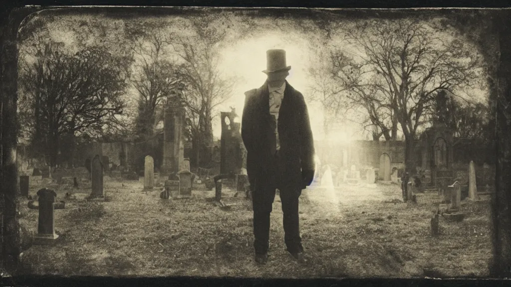 Prompt: an undertaker standing in a graveyard. backlight photo, daguerreotype