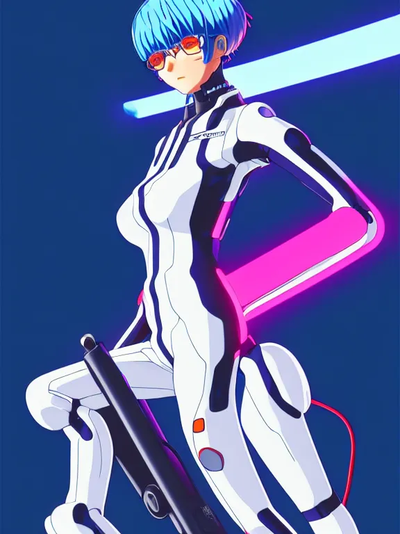 Prompt: a fullbody portrait of rei ayanami on a motorcycle, evangelion neon genesis : : blue hair, wearing a plug suit, skintight, standing on top of an eva : : by ilya kuvshinov, rossdraws, artgerm, sola digital arts, anti aliasing, raytracing : :