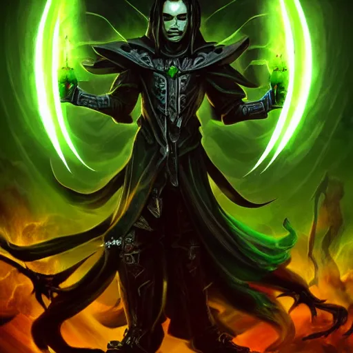Image similar to illustration of dark priest holding green lightning, black halo, evil, power, green mist, scary, photorealistic, unreal engine, hellish background, mtg, dnd