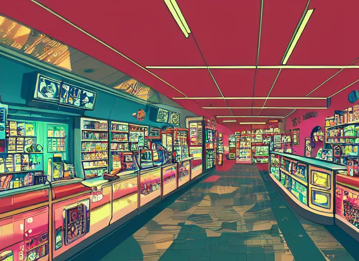 Image similar to lomography, anime background, a detailed airport convenience store interior, glowing, haruhiko mikimoto, hisashi eguchi, lodoss, architectural perspective, dramatic lighting, displays with detailed products, sharpened image, yoshinari yoh