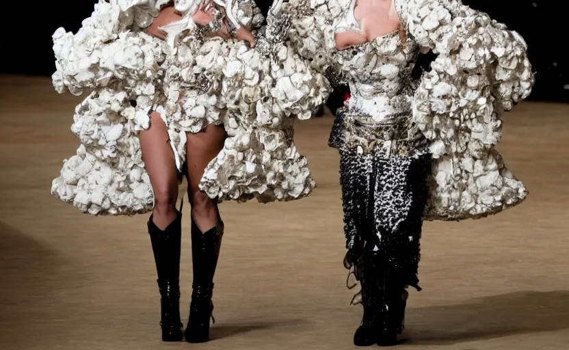 Image similar to lady gaga walking the runway in an alexander mcqueen archive collection at paris fashion week