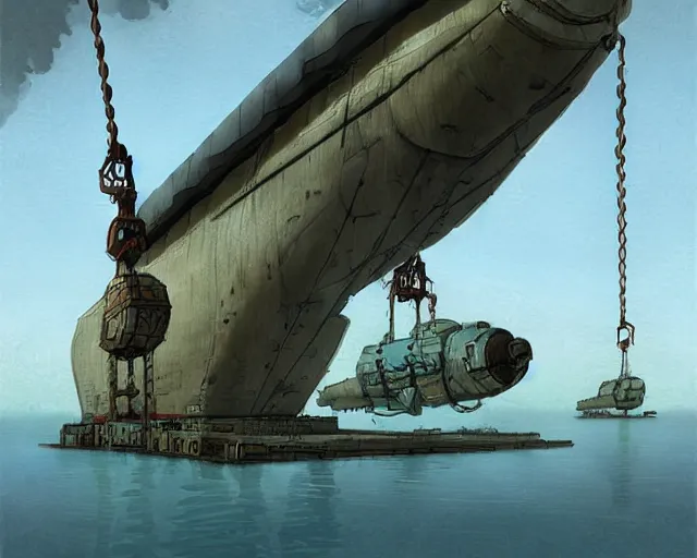 Image similar to Airship tied up to a floating dock, by Ian McQue