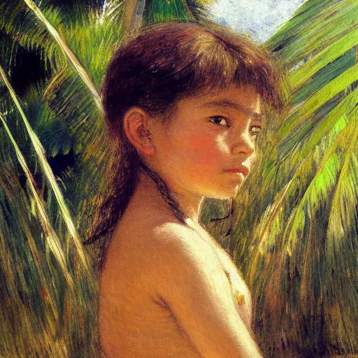 Image similar to a ultradetailed beautiful painting of a girl on amazonas by jules bastien - lepage, hans belmer, frank weston and gustave baumann, trending on artstation, mediterranean, palm trees, light sparkles, sharp focus, soft light