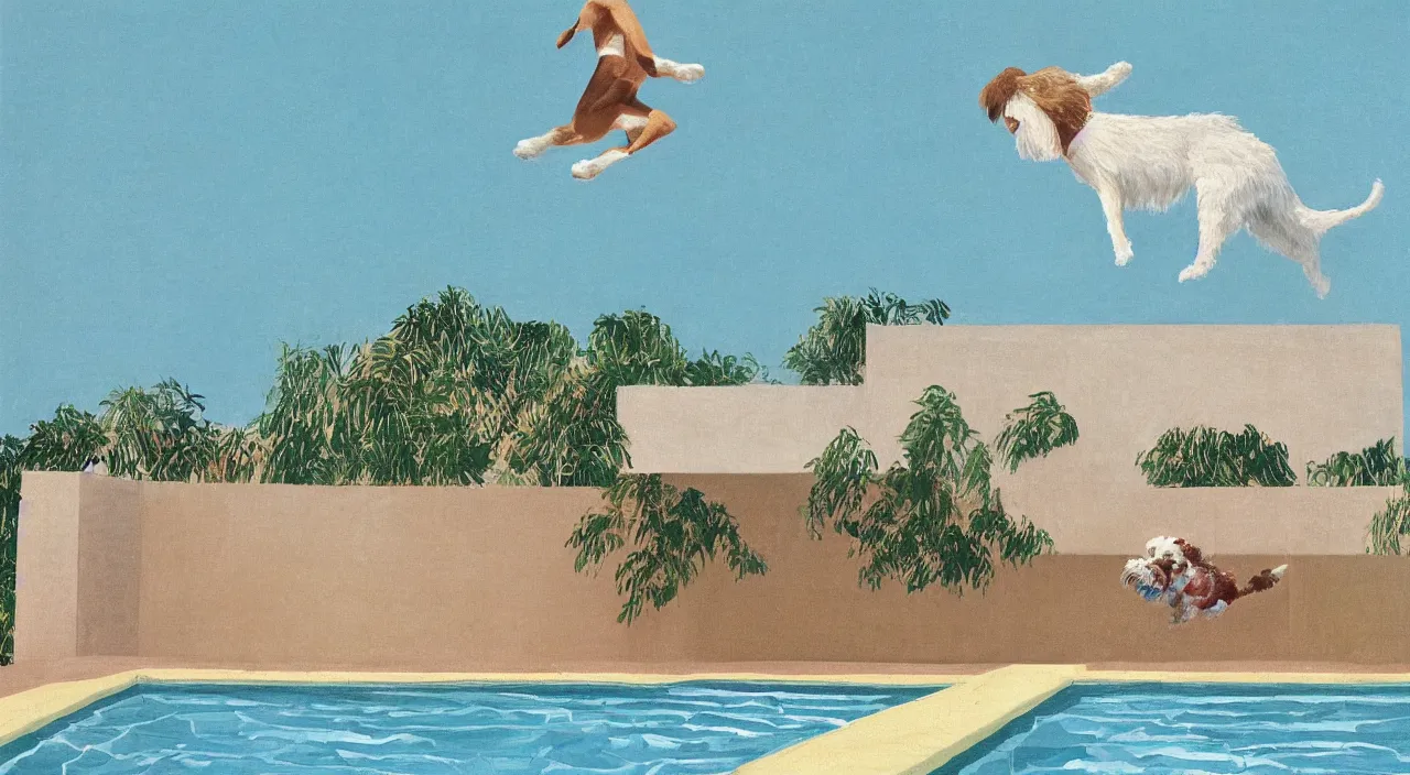 Image similar to medium shot of one cream colored havanese dog jumping from a diving board at a pool at a mid century modern house in palm springs by david hockney