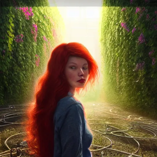 Image similar to red hair girl, chernobyl powerplant, disneyland castle, rubble, flowers, vines, hyperrealistic, highly detailed, cinematic, single ray of golden sunlight, beautiful, cgssociety, artstation, 8 k, oil painting by greg rutkowski, by artgerm, by wlop