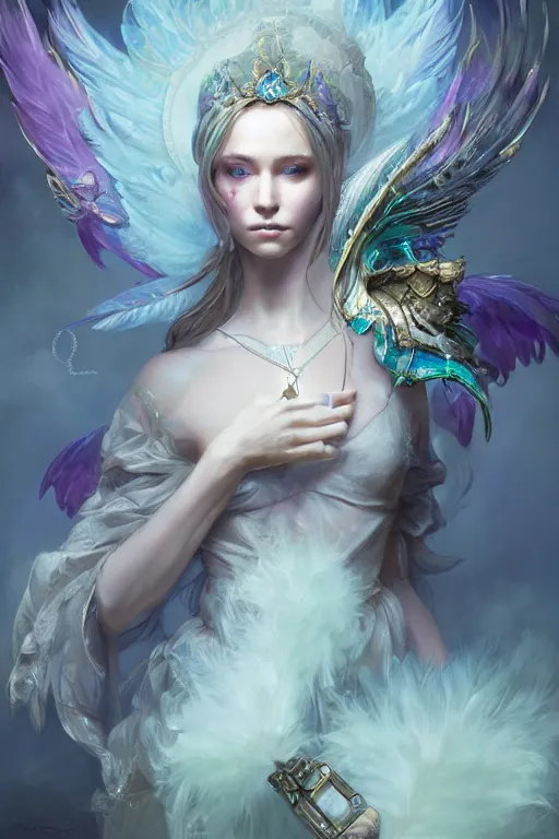 Image similar to beautiful model wearing crystal white feather, sorcerer in purple ornate,, diamonds, angel, fantasy, dramatic lighting, highly detailed, digital painting, holding electricity, magic the gathering, hyper detailed, 3 d render, hyper realistic detailed portrait, peter mohrbacher, wlop, ruan jia