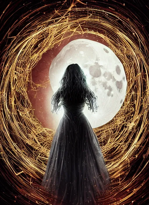 Image similar to glowing silver and golden elements, full close-up portrait, A beautiful dark witch in front of the full big moon, book cover, green forest, red white black colors, establishing shot, extremly high detail, foto realistic, cinematic lighting, pen and ink, intricate line drawings, by Yoshitaka Amano, Ruan Jia, Kentaro Miura, Artgerm, post processed, concept art, artstation, matte painting, style by eddie, raphael lacoste, alex ross