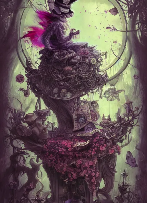 Prompt: Alice attends Mad Tea Party, Cheshire Cat, Mad hatter,highly detailed,half skull face,cinematic,8k,by Stanley Artgermm,Tom Bagshaw,Greg Rutkowski,Carne Griffiths, Ayami Kojima, Beksinski, Giger,trending on DeviantArt,hyper detailed,horror, full of colour