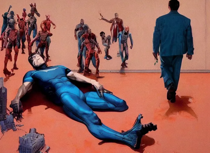 Image similar to a still from the movie avengers : endgame by of francis bacon and norman rockwell and james jean, a still from the movie the shawshank redemption, still from the movie pulp fiction, triadic color scheme, by greg rutkowski, syd mead and edward hopper and norman rockwell and beksinski, dark surrealism, orange and turquoise