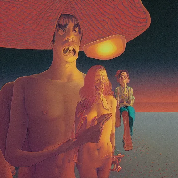 Image similar to close up portrait of a man and woman having fun with lsd and magic mushrooms by kawase hasui, moebius, Edward Hopper and James Gilleard, Zdzislaw Beksinski, Steven Outram, 8k, volumetric lighting, artstation