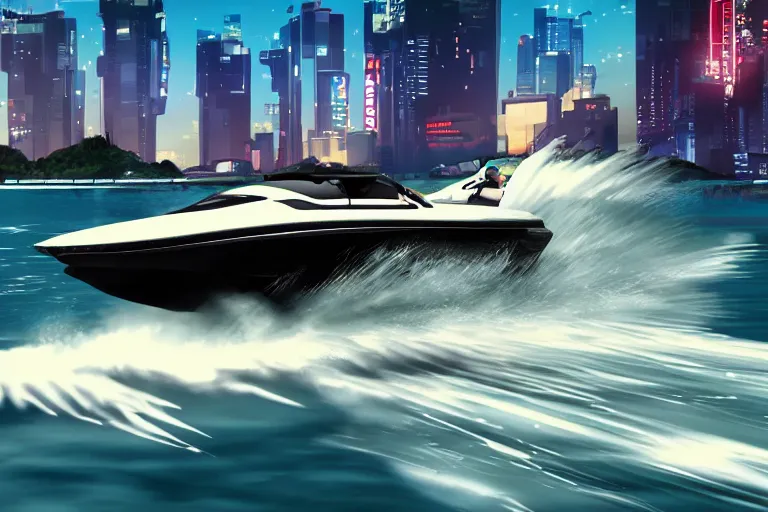 Prompt: speedboat, Shadow 900 Cabin going full speed in front of shoreline city in anime cyberpunk style