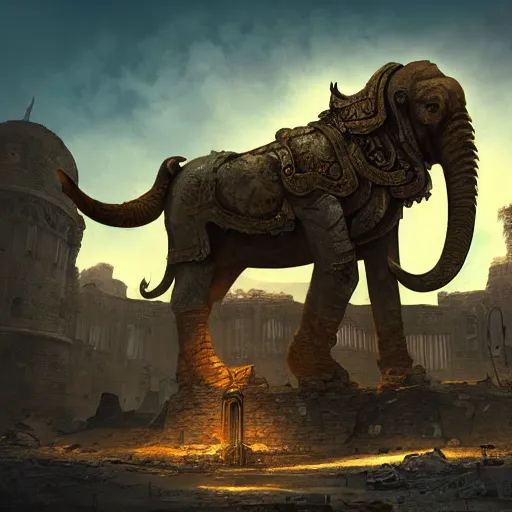 Image similar to golden mammoth in a ruined city, stylized, artstation, hd, cgsociety, cgi, realistic, dramatic, cinematic, artistic, trending, detailed