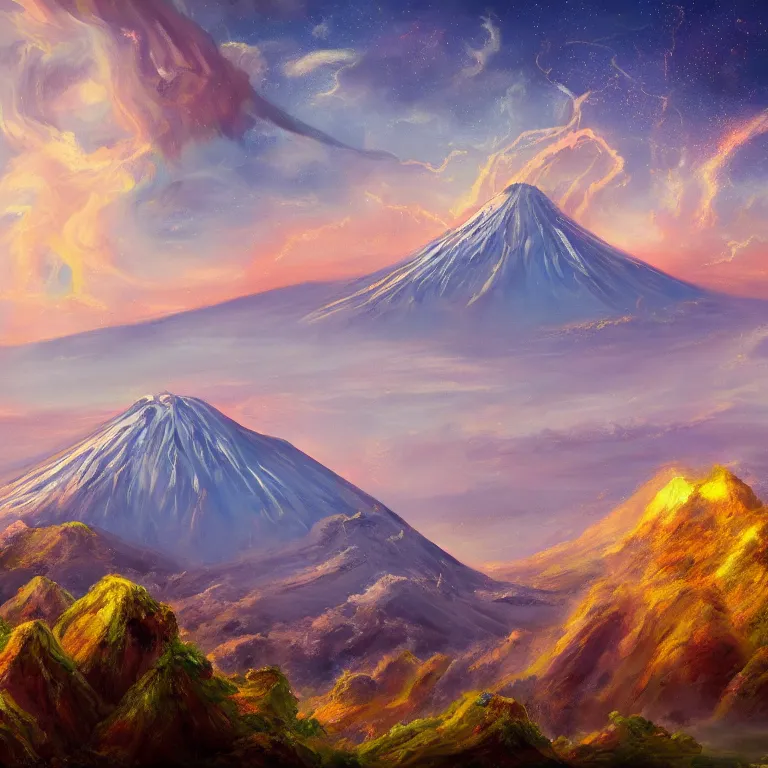 Image similar to a painting of a volcano from which come out flowers and stars exotic plants, all this happens in some kind of fantasy world, almost like in the sky or all in the amazing outdoors view, long exposure, 8 k resolution, trending on artstation