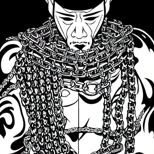 Image similar to samurai wrapped in chains ,ink art