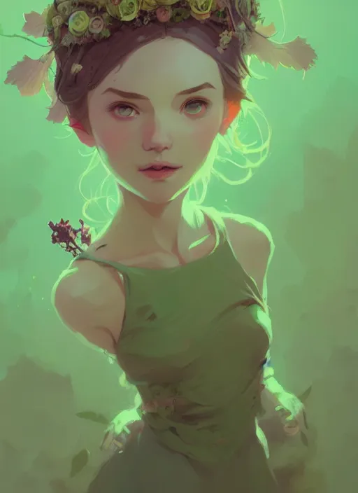 Image similar to portrait of cute fairy girl with crown of flowers fantasy, by atey ghailan, by greg rutkowski, by greg tocchini, by james gilleard, by joe gb fenton, by kaethe butcher, dynamic lighting, gradient light green, brown, blonde cream and white color in scheme, grunge aesthetic