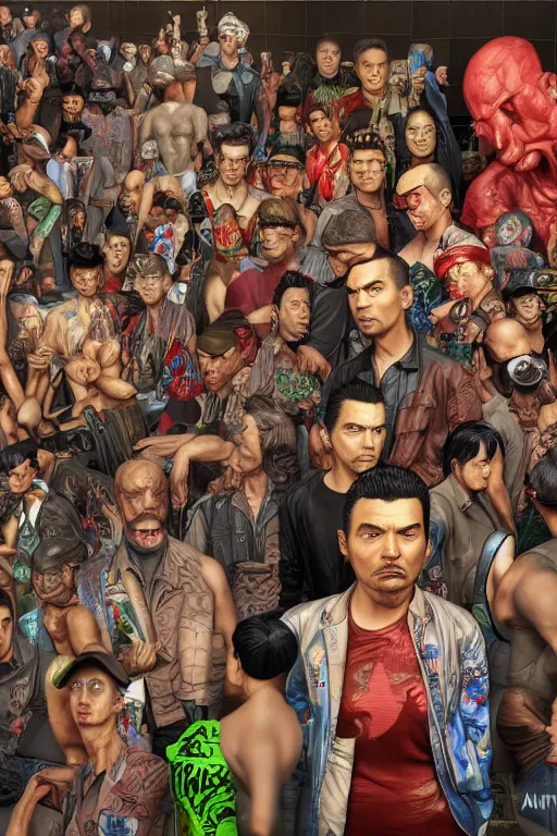 Image similar to place full of tunnel rats - pop art, hyperrealistic, detailed by artgerm and richard hamilton and mimmo rottela and bob rafei and kazuma kaneko and bengus and yoshitaka amano, face features, human anatomy features, sharp focus, realistic detail human composition, gta chinatown models, best rendered by krita by photoshop by octane