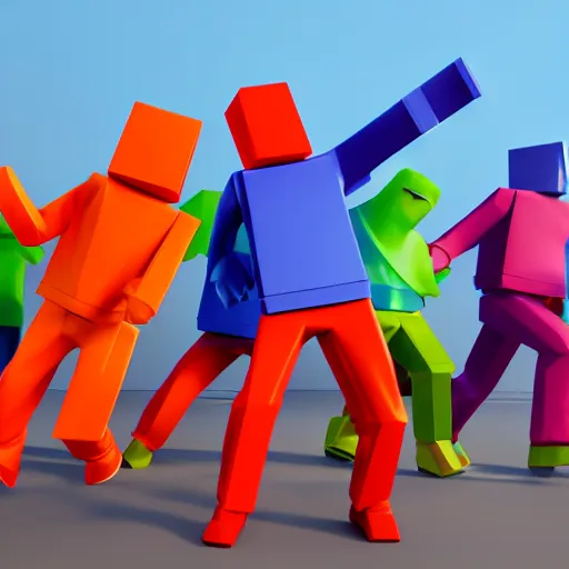 Image similar to high quality 3d render of dancing block figures looking like roblox figures, bright and fun colors, octane render, trending on artstation