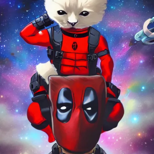 Image similar to deadpool riding on fluffy cat in space trending on artstation