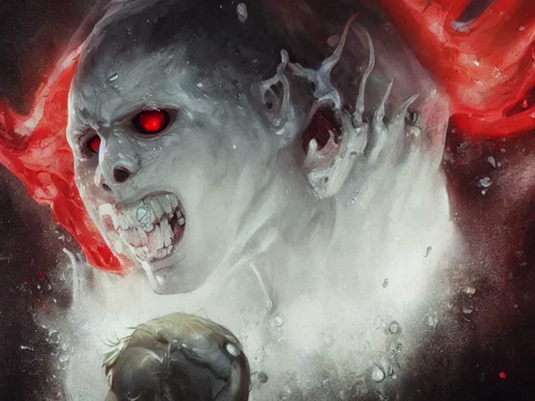 Prompt: painting by greg rutkowski of a flying human head with tears running down it's face face that is chalk white in color, with white!! tentacles coming down through the neck, fiery scorching red eyes, flying in a terrying hell like cavernous place