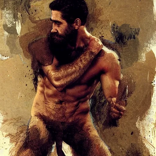 Prompt: jake gyllenhaal with a hairy!!!!! shredded!!!!! body type, painting by Gaston Bussiere, Craig Mullins