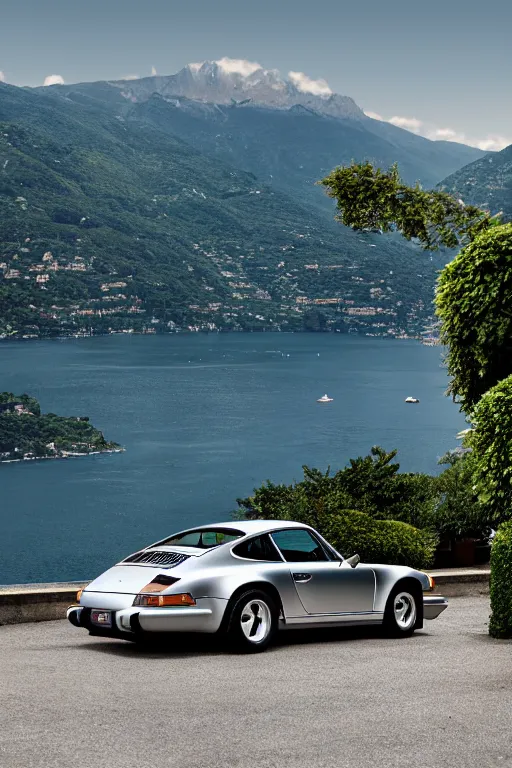 Image similar to Photo of a silver Porsche 911 Carrera 3.2 parked on a dock with Lake Como in the background, wide shot, rear view, daylight, dramatic lighting, award winning, highly detailed, 1980s, luxury lifestyle, fine art print, best selling.