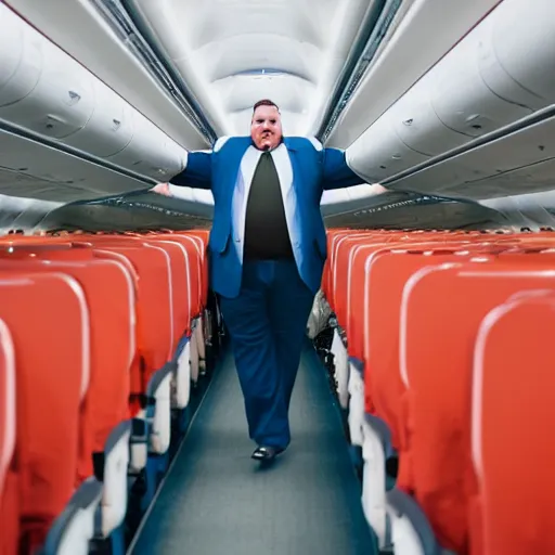 Prompt: a big fat man riding on an airplane who needs to use several seats because he can't fit into one, photography