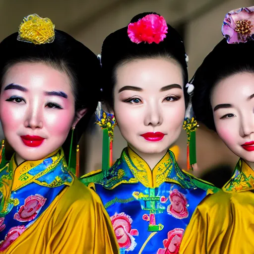 Prompt: traditional Chinese Court Ladies Adorning Their Hair With Flowers, while the ladies wearing a suit of protective clothing.