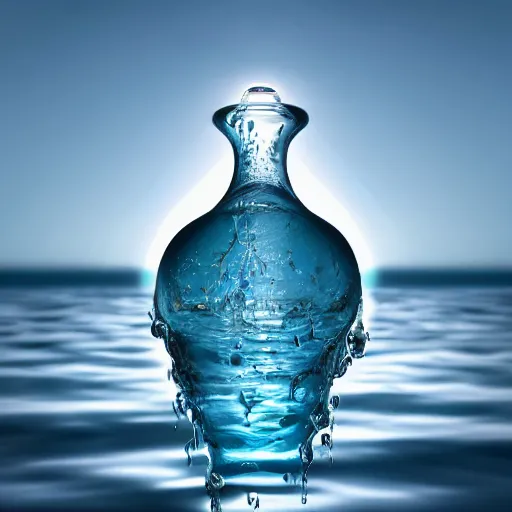 Image similar to a human head in a bottle in water art manipulation shape, on the ocean water, futuristic, glowing, hyper realistic, ray tracing, realistic water splashes, sharp focus, long shot, 8 k resolution, cinematic, photoshop art