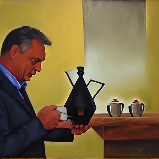 Image similar to viktor orban making chemex coffee, oil painting