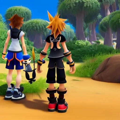 Image similar to A leaked image of a Warrior cats world in Kingdom Hearts 4, Kingdom hearts worlds, Sora donald and Goofy exploring the world of Warrior cats, action rpg Video game, Sora wielding a keyblade, Disney inspired, cartoony shaders, rtx on, Erin hunter, Warrior cats book series