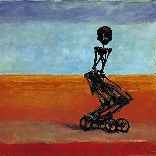 Prompt: The body art features a human figure driving a chariot. The figure is skeletal and frail, with a large head and eyes. The chariot is pulled by two animals, which are also skeletal and frail. turquoise by Sean Scully, by Arthur Streeton melancholic, colorful