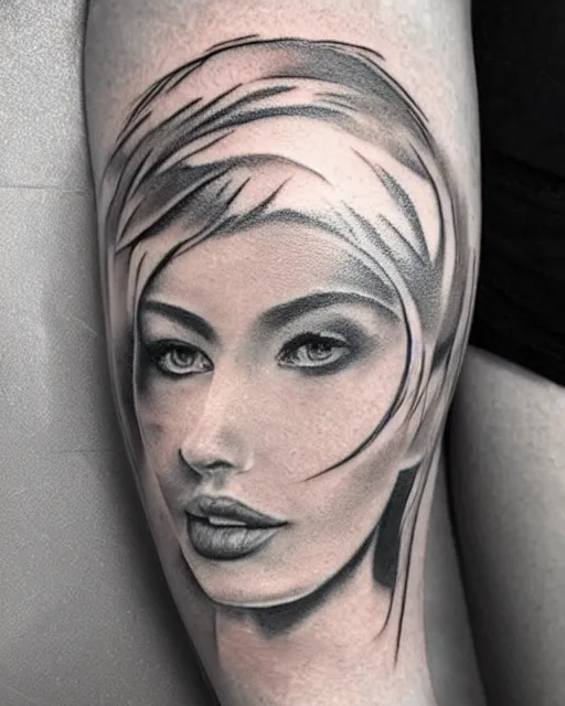 Image similar to tattoo design sketch of a beautiful woman face faded with a faded background of beautiful mountains and nature on her side, hyper - realistic, in the style of den yakovlev, amazing detail, black and white