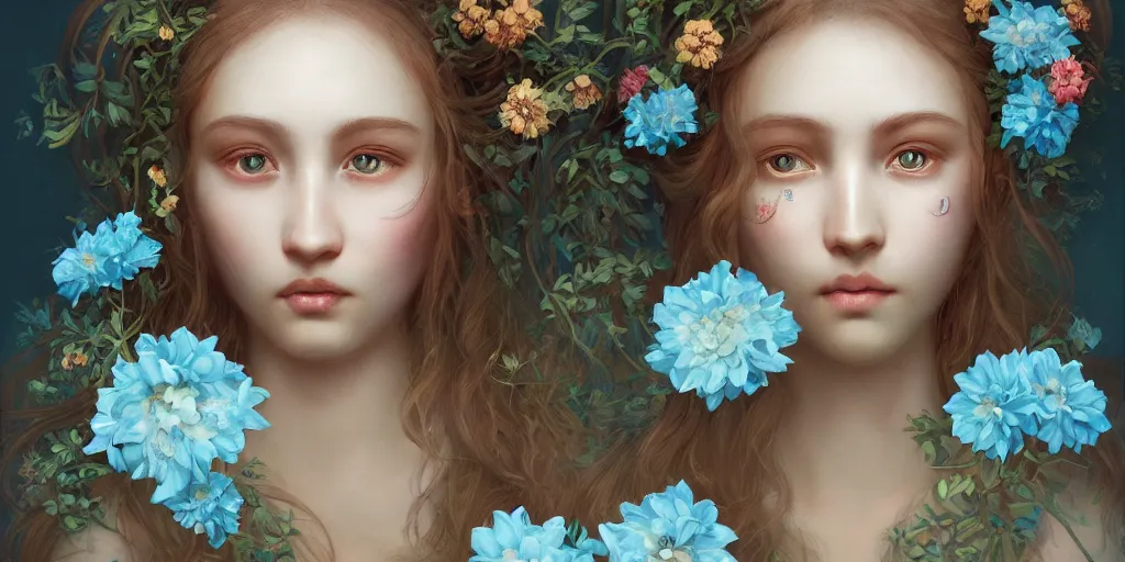 Image similar to breathtaking detailed concept art painting portrait of two hugs goddess of light blue flowers, carroty hair, orthodox saint, with anxious piercing eyes, ornate background, amalgamation of leaves and flowers, by hsiao - ron cheng, extremely moody lighting, 8 k