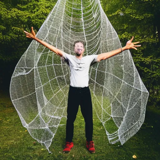 Prompt: photo of a man trapped in a giant spider web