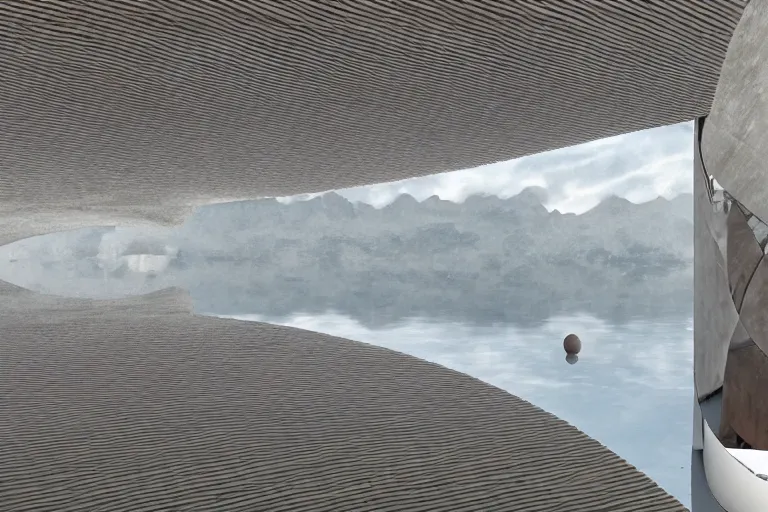 Image similar to an egg shaped building space of different sizes intersects and combines together. on the calm lake surface, people's perspective, future, interior wood, marble, award winning, highly detailed 4 k art, dusk, unreal engine highly rendered, global illumination, radial light, internal environment by kazuyo sejima