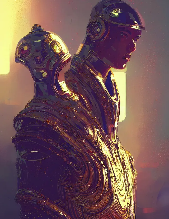 Prompt: futuristic priest, reflective chrome armor, super intricate gold ornaments artwork by tooth wu and wlop and alena aenami and greg rutkowski