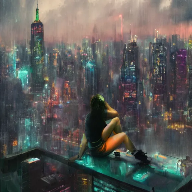 Prompt: a girl!!!! sitting on a solid ledge overlooking a futuristic new york city below, ghostpunk, neon lights, storm clouds, rain falling, detailed background, by craig mullins, by jc leyendecker